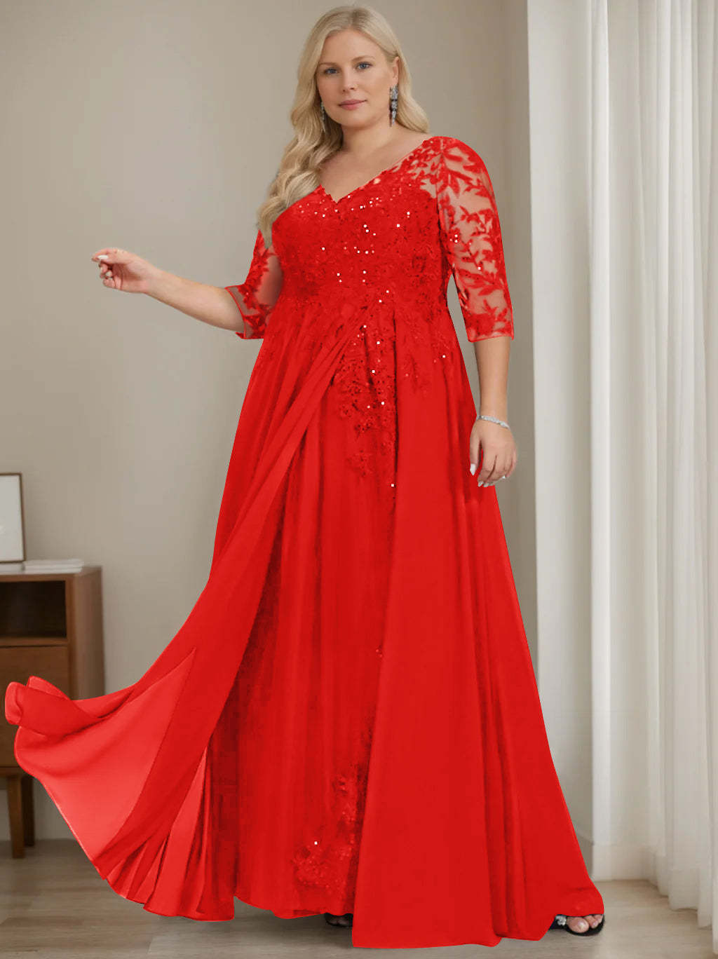 Plus Size V-Neck A-Line Princess Floor-Length Mother of the Bride Dress with Half Sleeves and Sequins