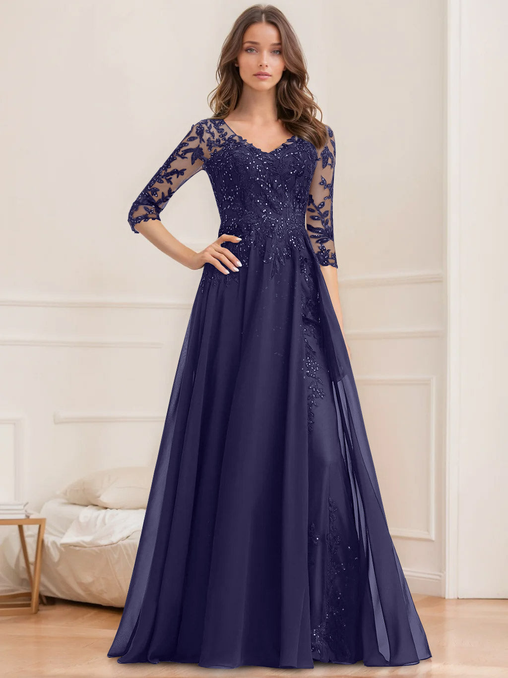 Floor-Length V-Neck A-Line Princess Mother of the Bride Dresses with Half Sleeves and Sequins