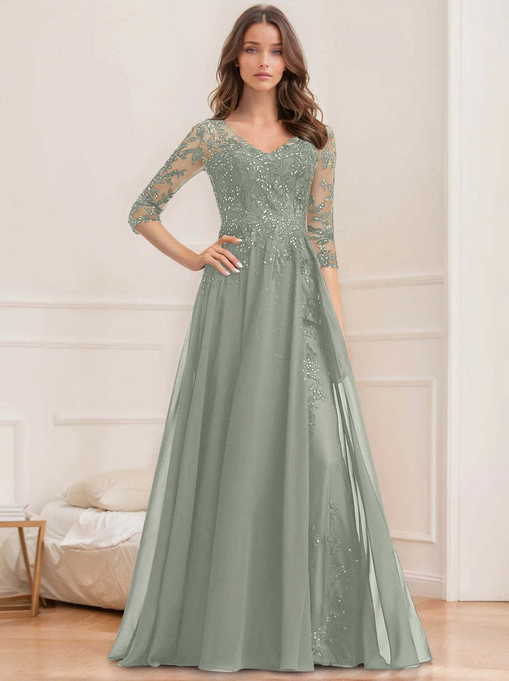 Floor-Length V-Neck A-Line Princess Mother of the Bride Dresses with Half Sleeves and Sequins