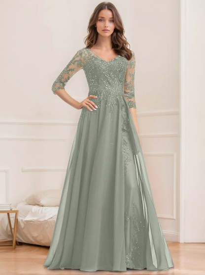 Floor-Length V-Neck A-Line Princess Mother of the Bride Dresses with Half Sleeves and Sequins
