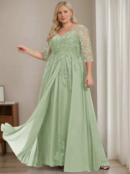 Plus Size V-Neck A-Line Princess Floor-Length Mother of the Bride Dress with Half Sleeves and Sequins