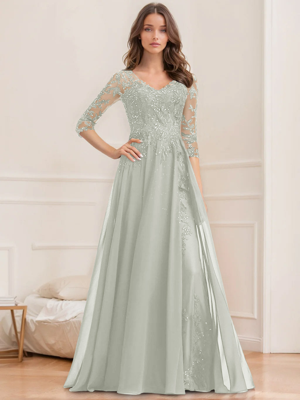 Floor-Length V-Neck A-Line Princess Mother of the Bride Dresses with Half Sleeves and Sequins