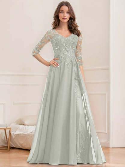 Floor-Length V-Neck A-Line Princess Mother of the Bride Dresses with Half Sleeves and Sequins