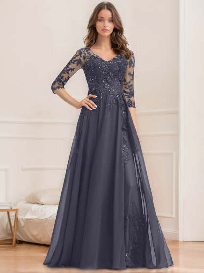Floor-Length V-Neck A-Line Princess Mother of the Bride Dresses with Half Sleeves and Sequins