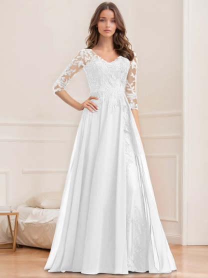 Floor-Length V-Neck A-Line Princess Mother of the Bride Dresses with Half Sleeves and Sequins