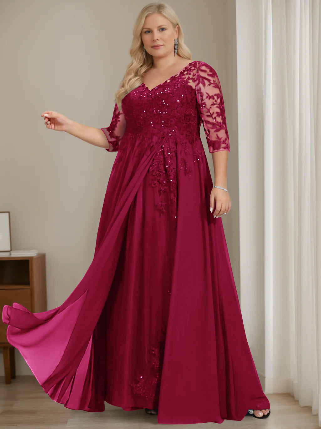 Plus Size V-Neck A-Line Princess Floor-Length Mother of the Bride Dress with Half Sleeves and Sequins