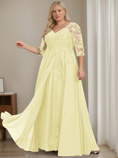 Plus Size V-Neck A-Line Princess Floor-Length Mother of the Bride Dress with Half Sleeves and Sequins