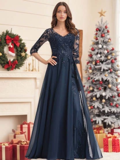 Floor-Length V-Neck A-Line Princess Mother of the Bride Dresses with Half Sleeves and Sequins