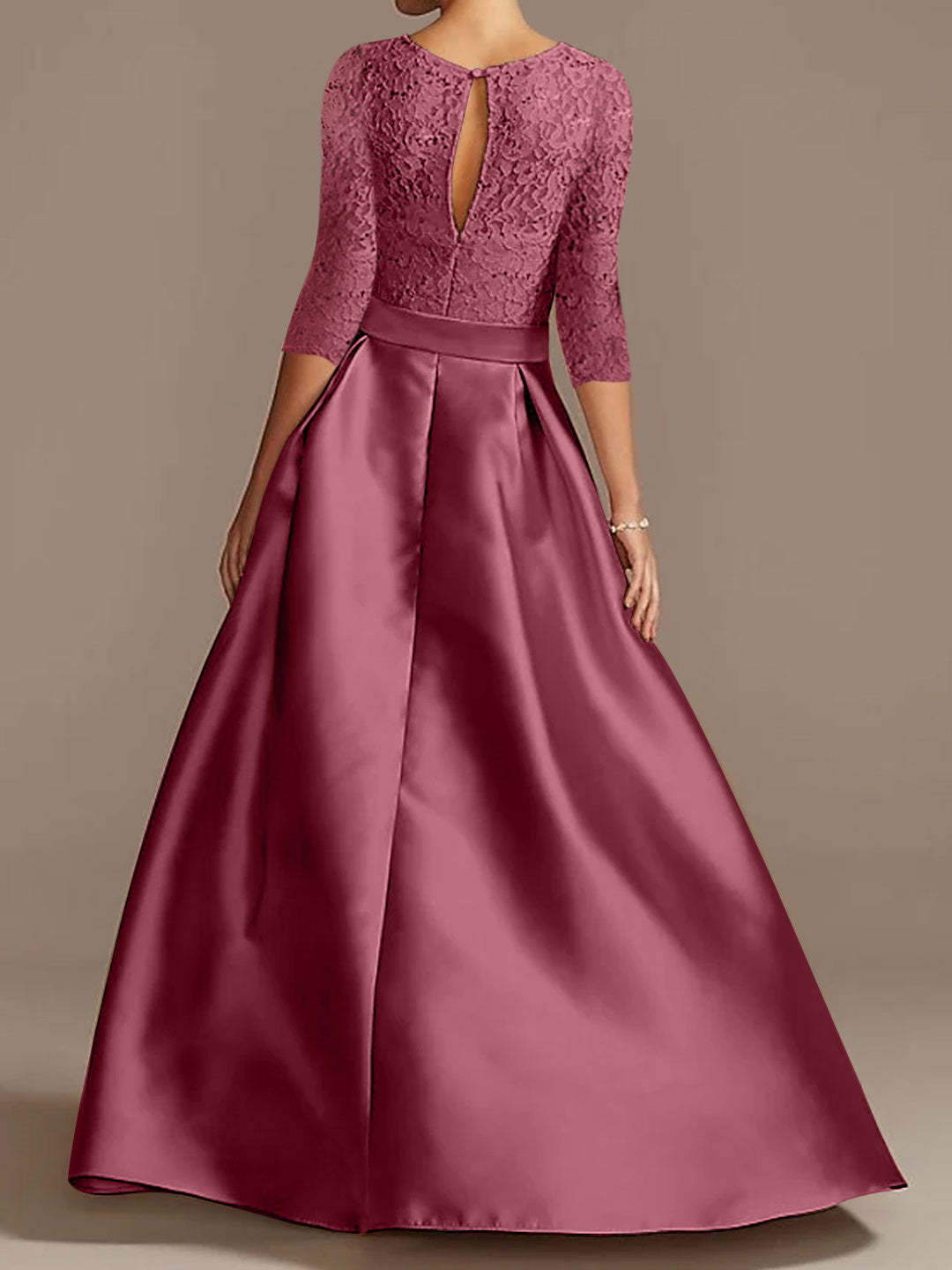 Princess A-Line Floor-Length Mother of the Bride Dress with Scoop Neck Half Sleeves and Ruffled Bows