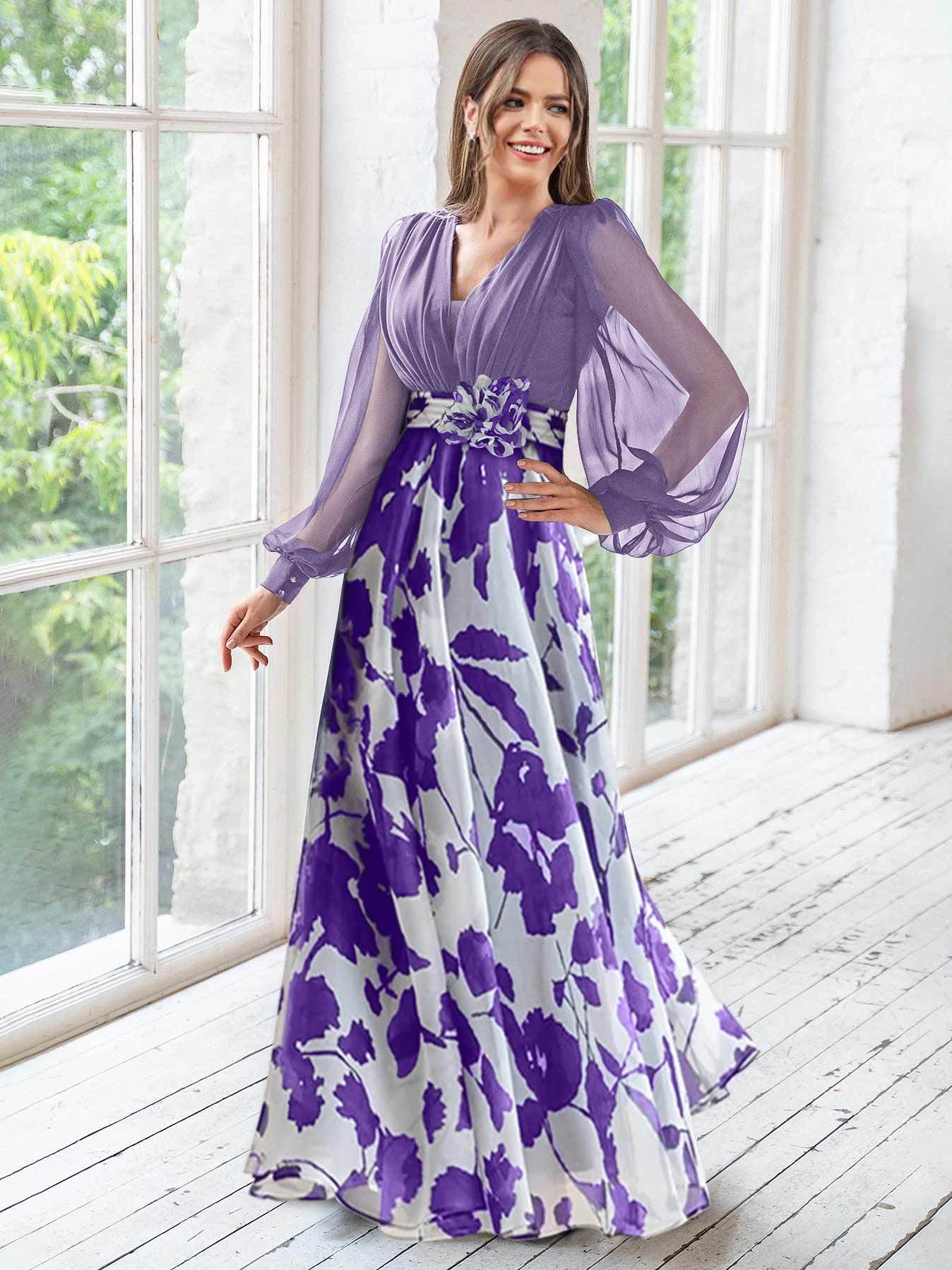 Floral Plus Size Mother of the Bride Dress with V-Neck and Long Sleeves