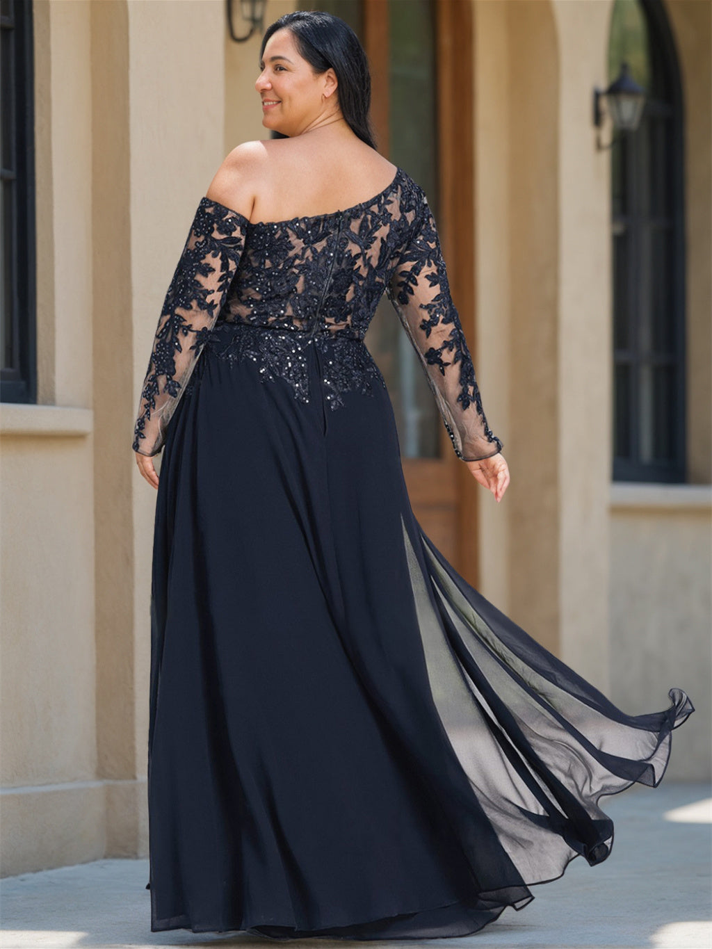 One-Shoulder Floor-Length A-Line Mother of the Bride Dress with Long Sleeves and High Slit