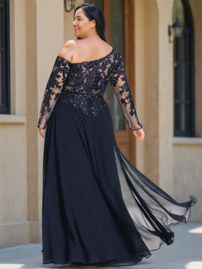 One-Shoulder Floor-Length A-Line Mother of the Bride Dress with Long Sleeves and High Slit