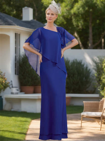 Asymmetrical Ruffle Chiffon Floor-Length Mother of the Bride Dress with Short Sleeves