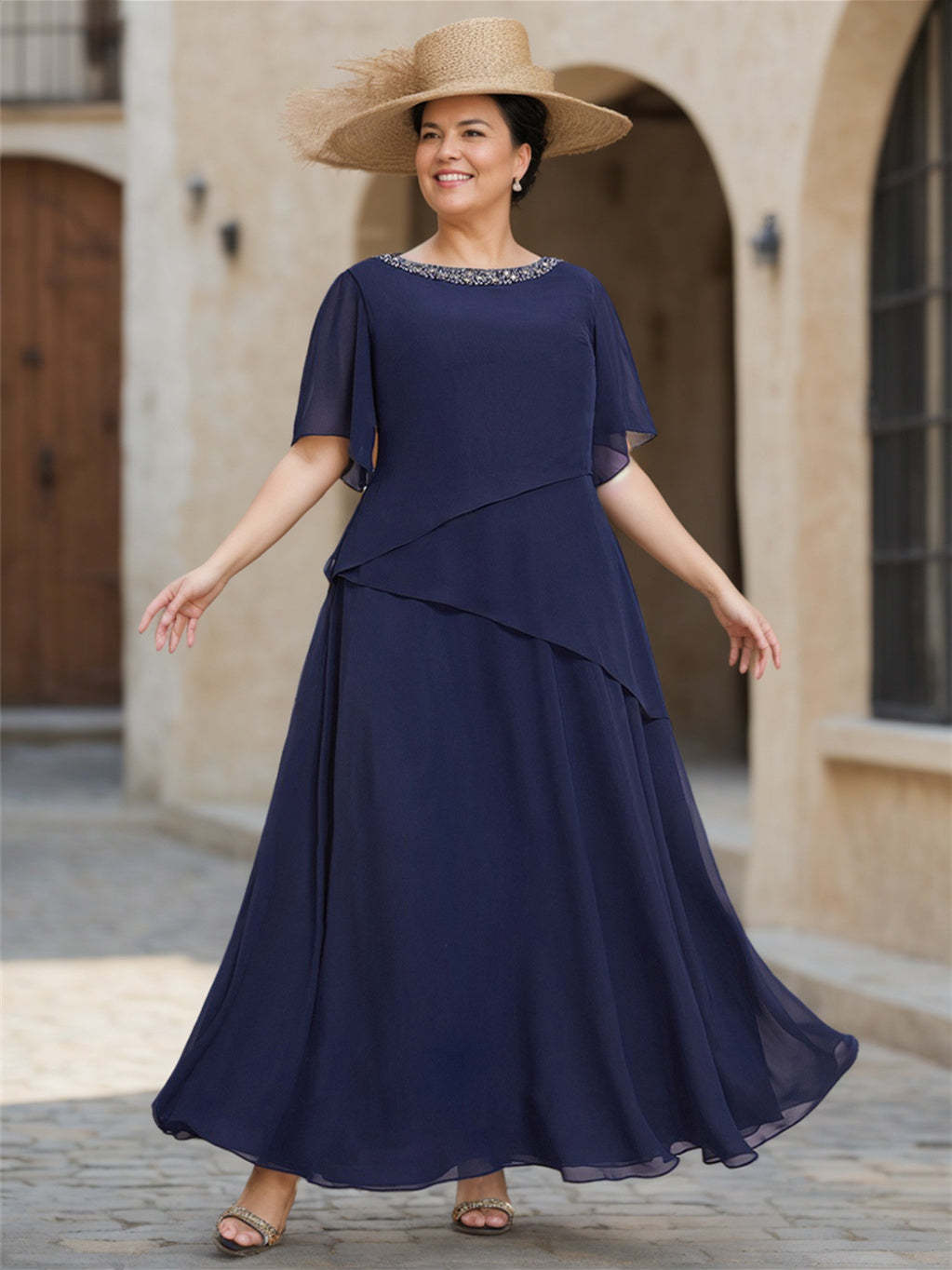 Scoop Neck Chiffon Mother of the Bride Dress with 1/2 Sleeves in A-Line/Princess Style