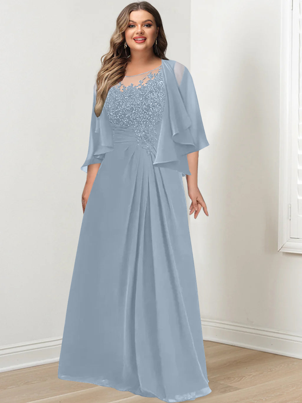Plus Size Mother of the Bride A-Line Princess Scoop Floor-Length Dress with Pleated & Sequins