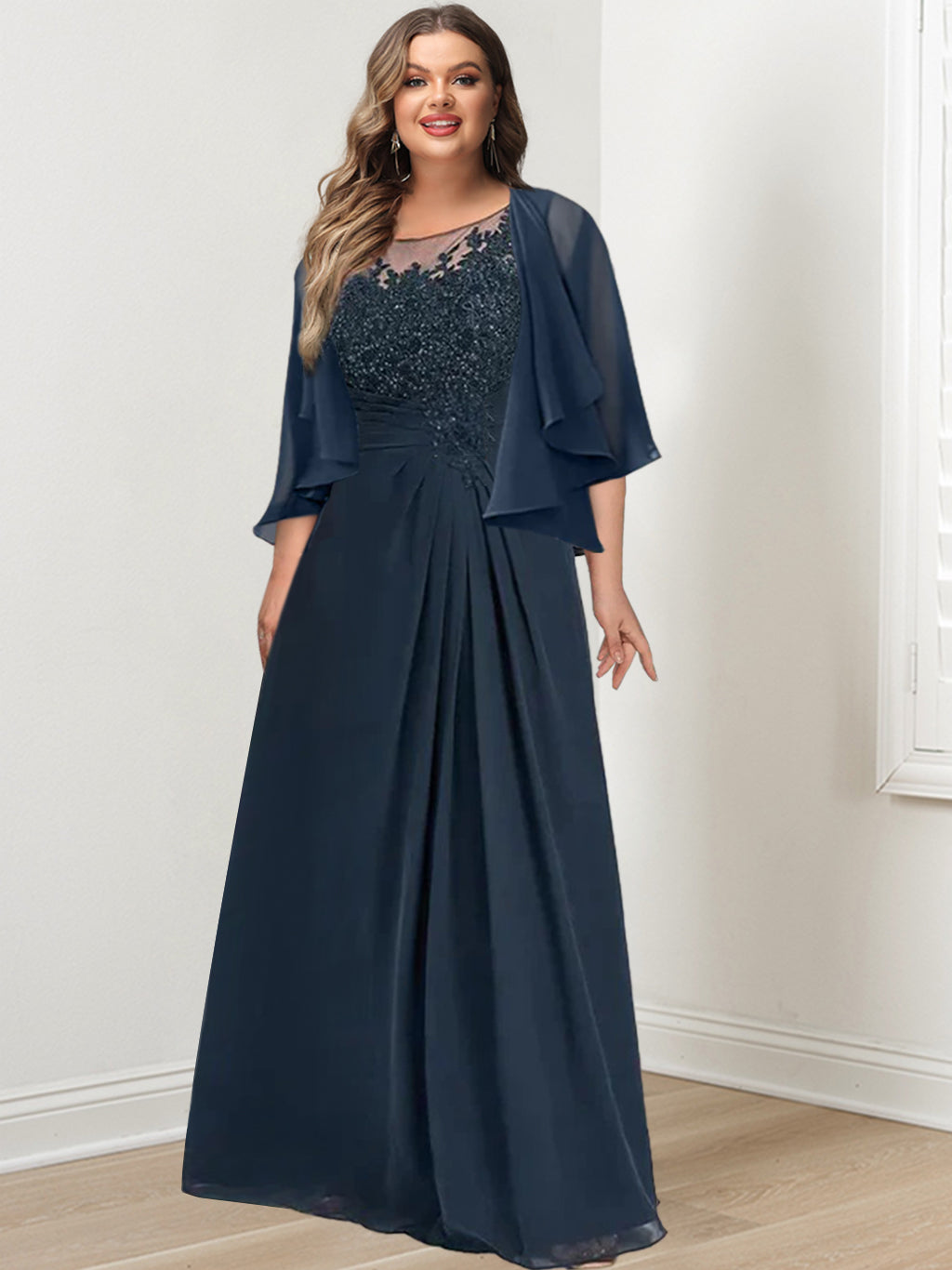 Floor-Length A-Line Princess Mother of the Bride Dress with Scoop Neck Pleats and Sequins