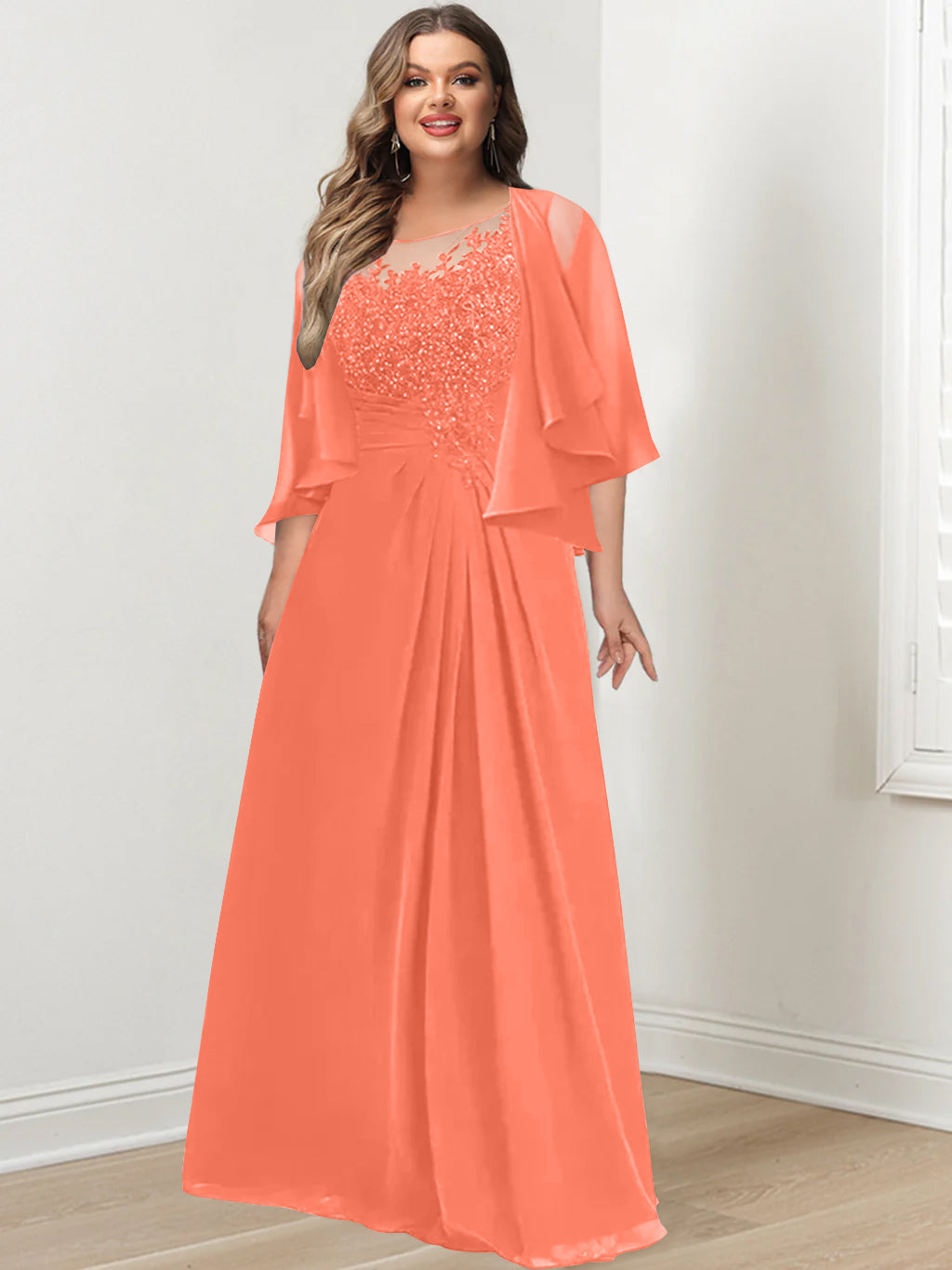 Plus Size Mother of the Bride A-Line Princess Scoop Floor-Length Dress with Pleated & Sequins