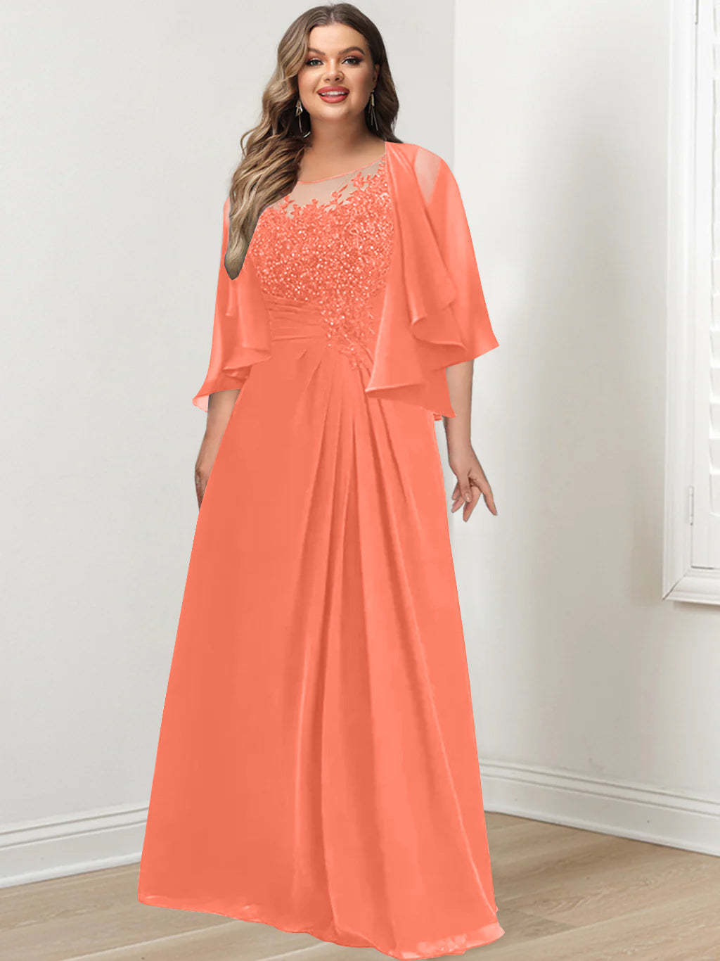 Plus Size Mother of the Bride A-Line Princess Scoop Floor-Length Dress with Pleated & Sequins