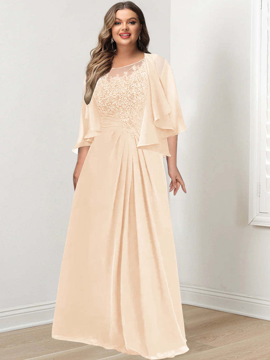 Plus Size Mother of the Bride A-Line Princess Scoop Floor-Length Dress with Pleated & Sequins