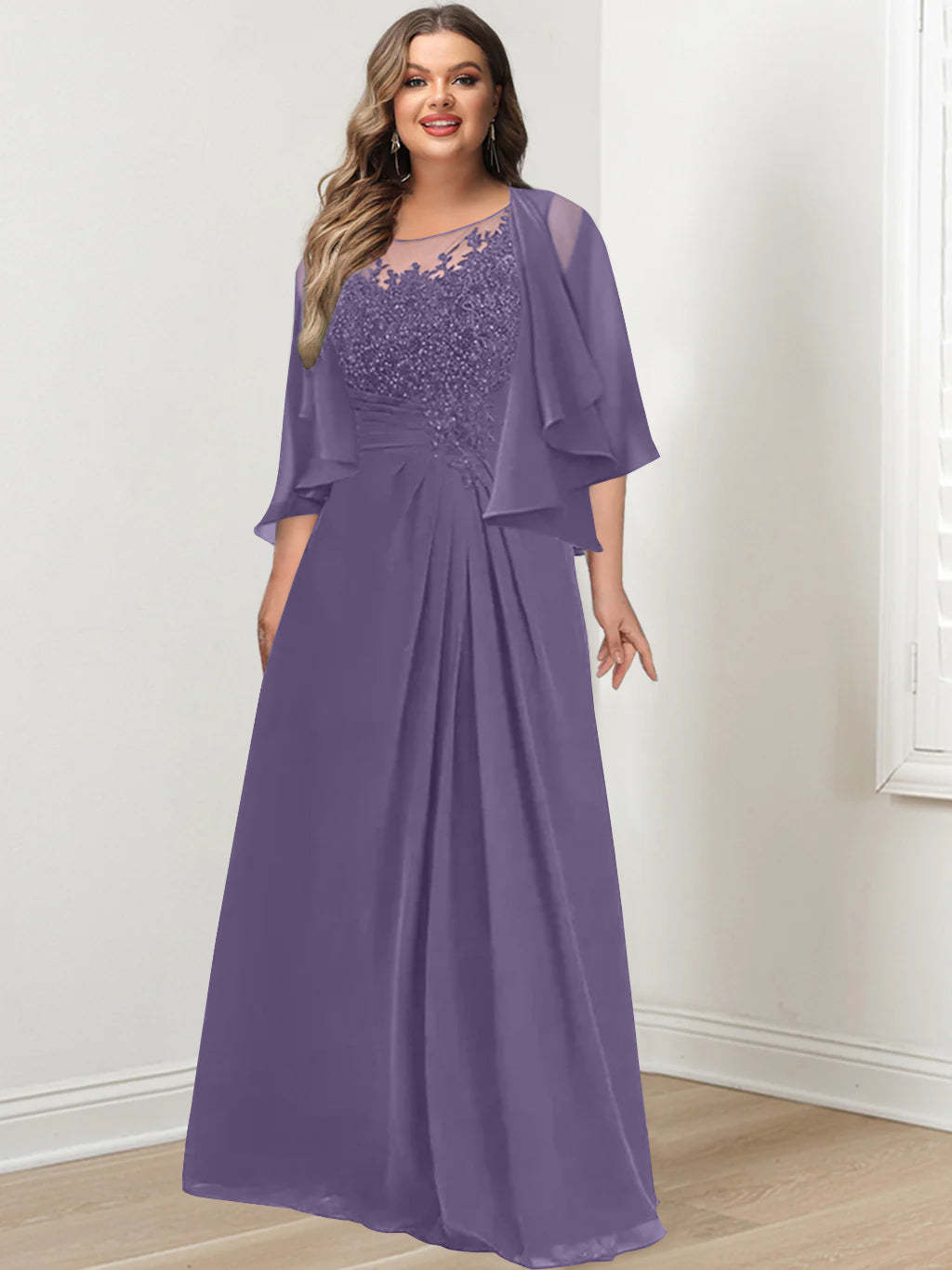 Plus Size Mother of the Bride A-Line Princess Scoop Floor-Length Dress with Pleated & Sequins
