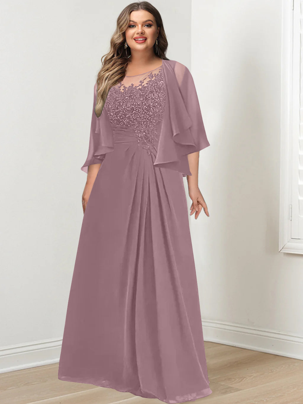 Plus Size Mother of the Bride A-Line Princess Scoop Floor-Length Dress with Pleated & Sequins