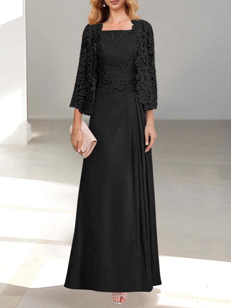 A-Line/Princess Scoop Mother of the Bride Dresses with Pleated & Lace Appliques Floor-Length