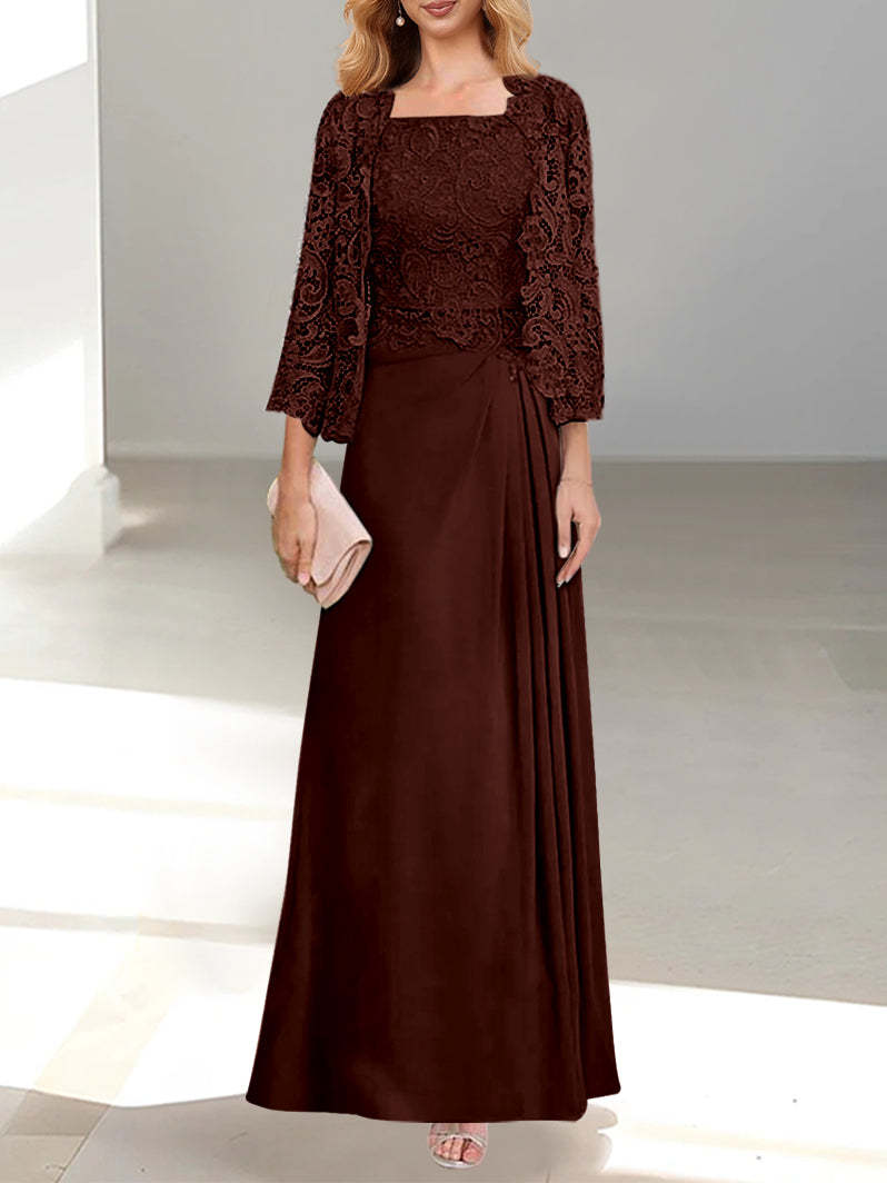 A-Line/Princess Scoop Mother of the Bride Dresses with Pleated & Lace Appliques Floor-Length