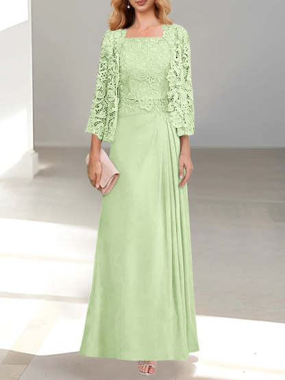 A-Line/Princess Scoop Mother of the Bride Dresses with Pleated & Lace Appliques Floor-Length