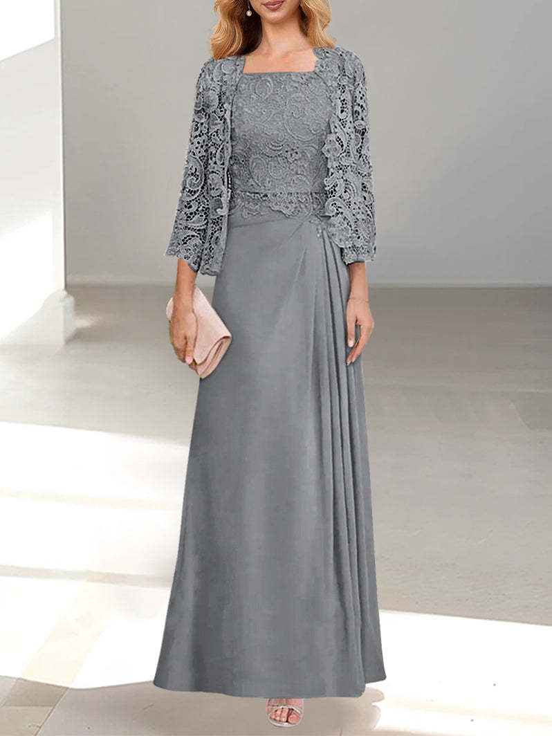 A-Line/Princess Scoop Mother of the Bride Dresses with Pleated & Lace Appliques Floor-Length