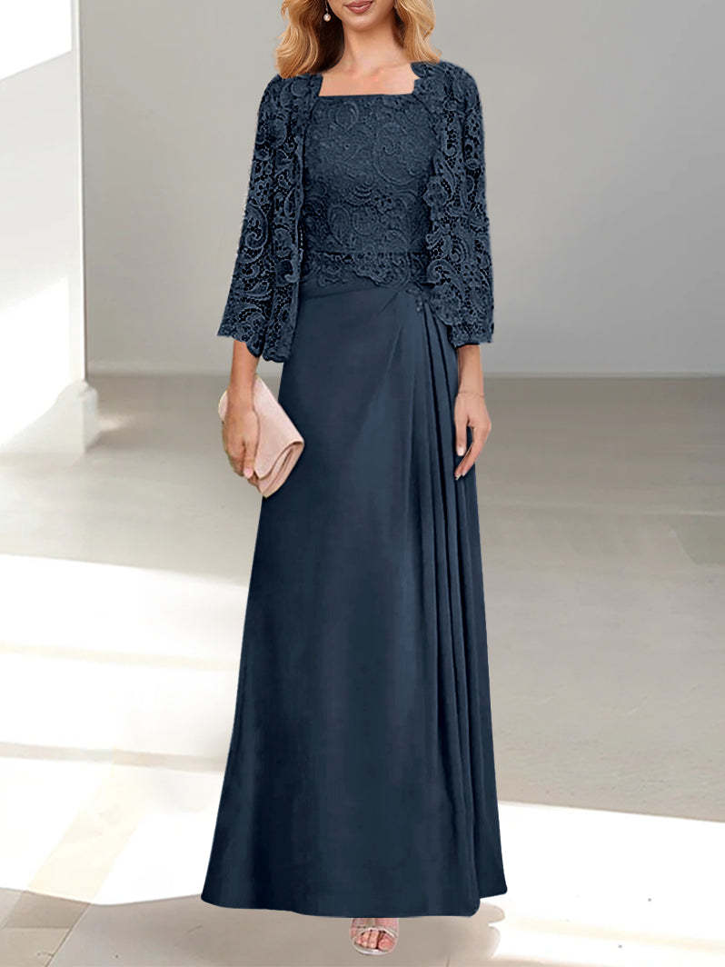 A-Line/Princess Scoop Mother of the Bride Dresses with Pleated & Lace Appliques Floor-Length