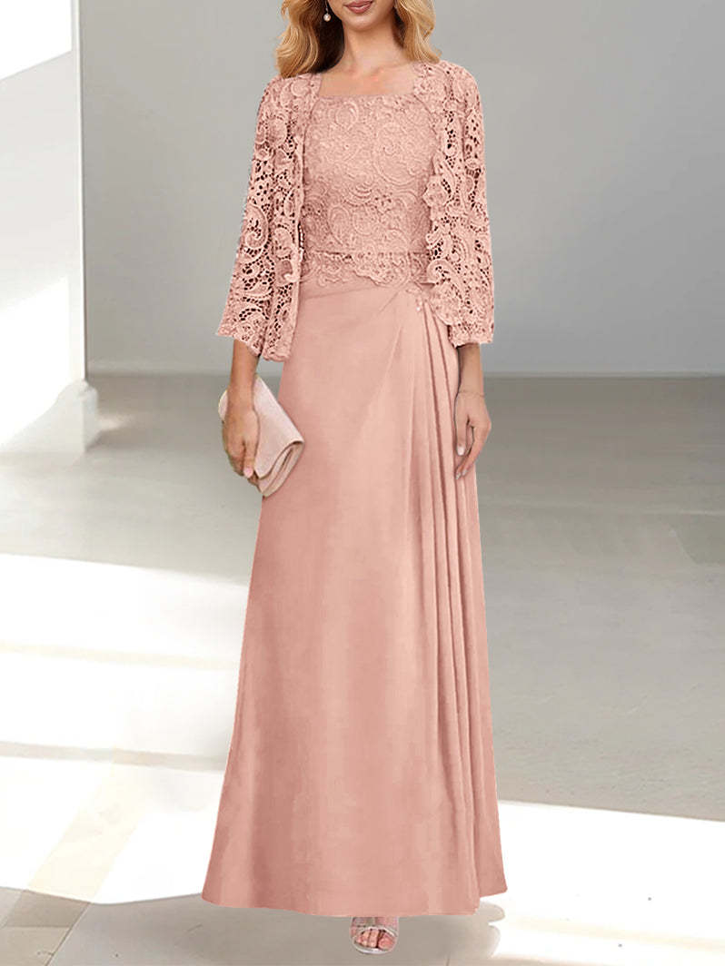 A-Line/Princess Scoop Mother of the Bride Dresses with Pleated & Lace Appliques Floor-Length