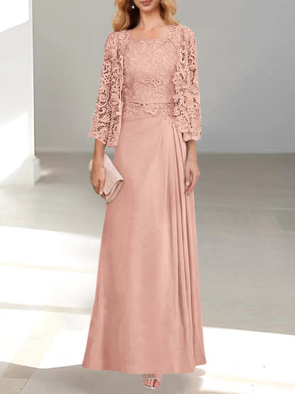 A-Line/Princess Scoop Mother of the Bride Dresses with Pleated & Lace Appliques Floor-Length