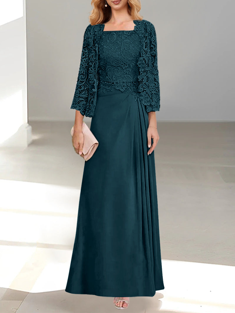 A-Line/Princess Scoop Mother of the Bride Dresses with Pleated & Lace Appliques Floor-Length