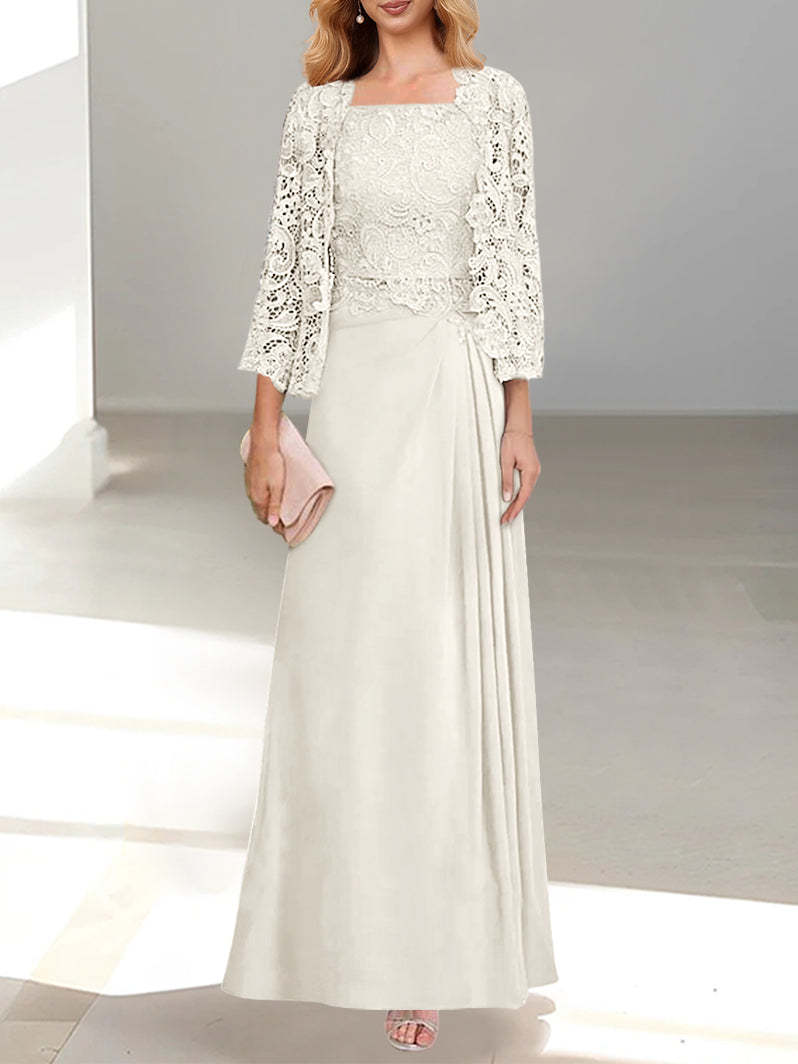 A-Line/Princess Scoop Mother of the Bride Dresses with Pleated & Lace Appliques Floor-Length