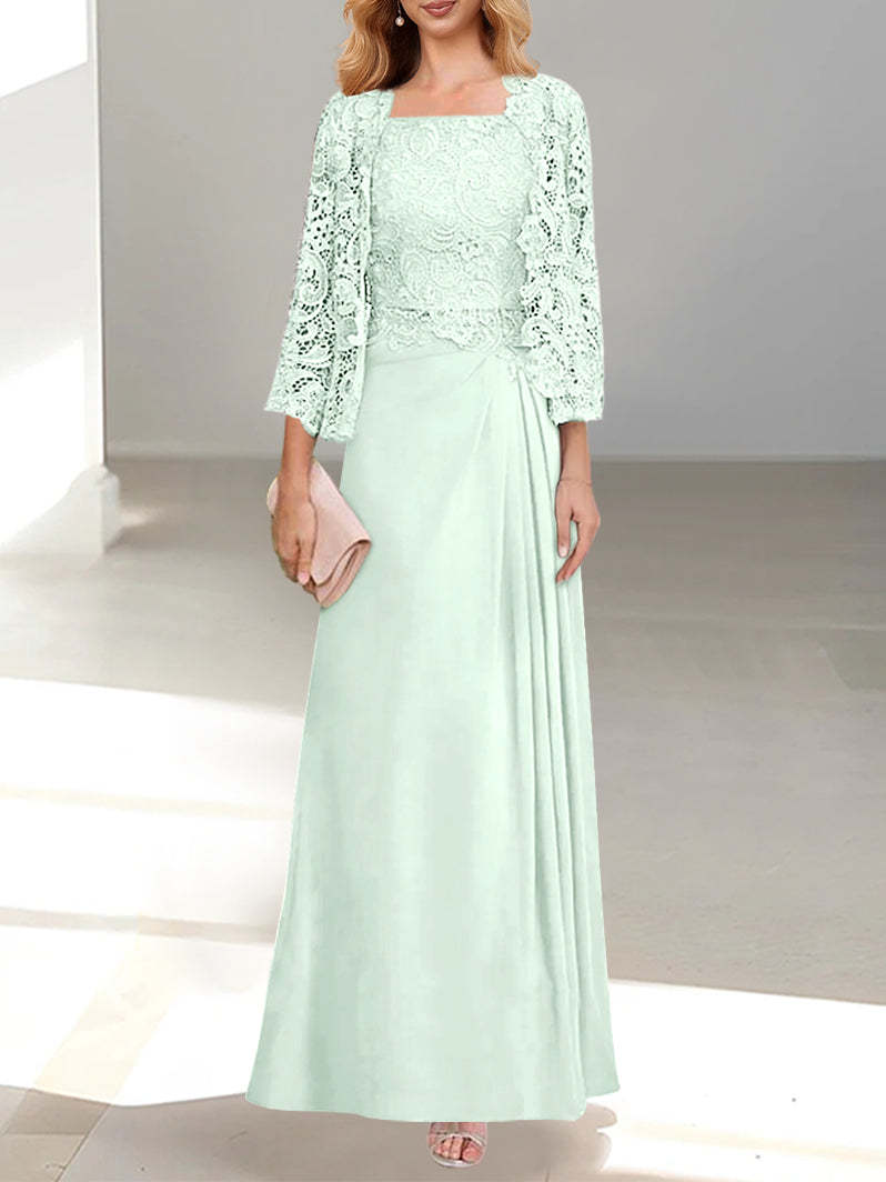 A-Line/Princess Scoop Mother of the Bride Dresses with Pleated & Lace Appliques Floor-Length