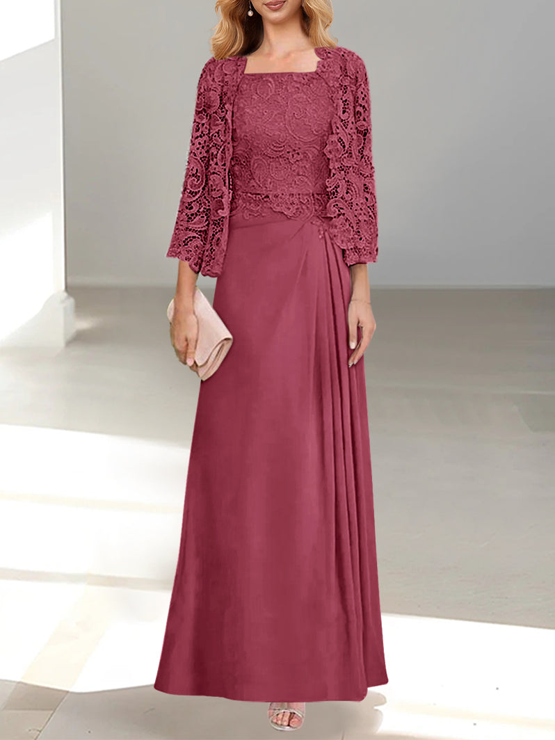 A-Line/Princess Scoop Mother of the Bride Dresses with Pleated & Lace Appliques Floor-Length