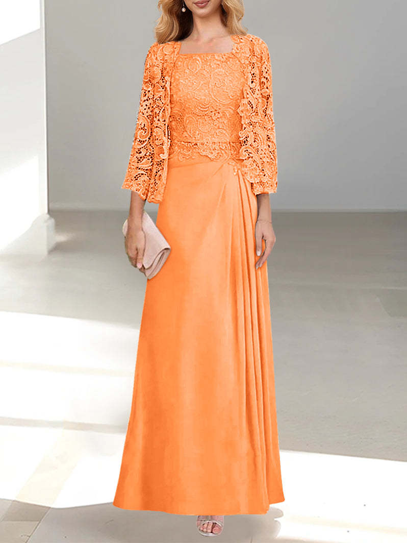 A-Line/Princess Scoop Mother of the Bride Dresses with Pleated & Lace Appliques Floor-Length