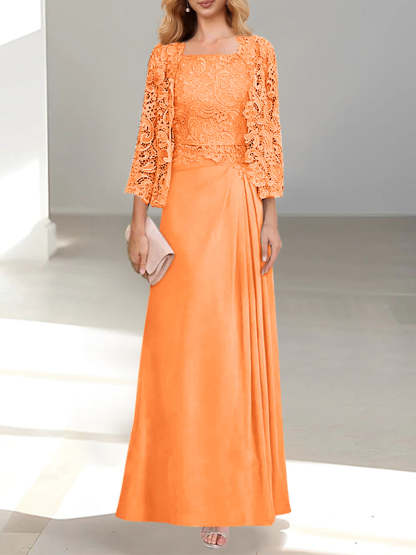 A-Line/Princess Scoop Mother of the Bride Dresses with Pleated & Lace Appliques Floor-Length