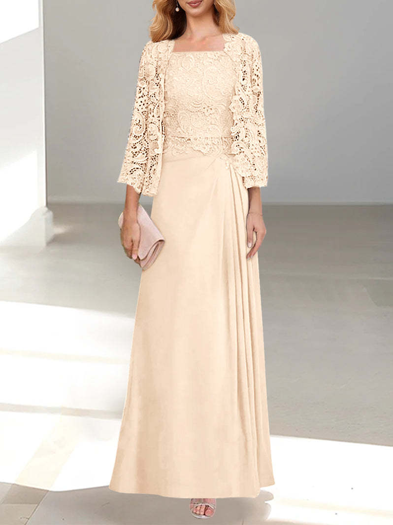 A-Line/Princess Scoop Mother of the Bride Dresses with Pleated & Lace Appliques Floor-Length