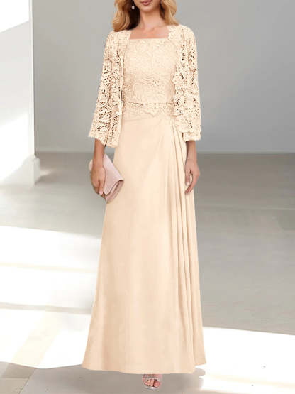 A-Line/Princess Scoop Mother of the Bride Dresses with Pleated & Lace Appliques Floor-Length
