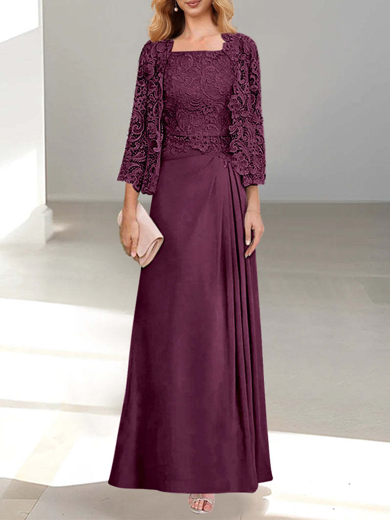 A-Line/Princess Scoop Mother of the Bride Dresses with Pleated & Lace Appliques Floor-Length