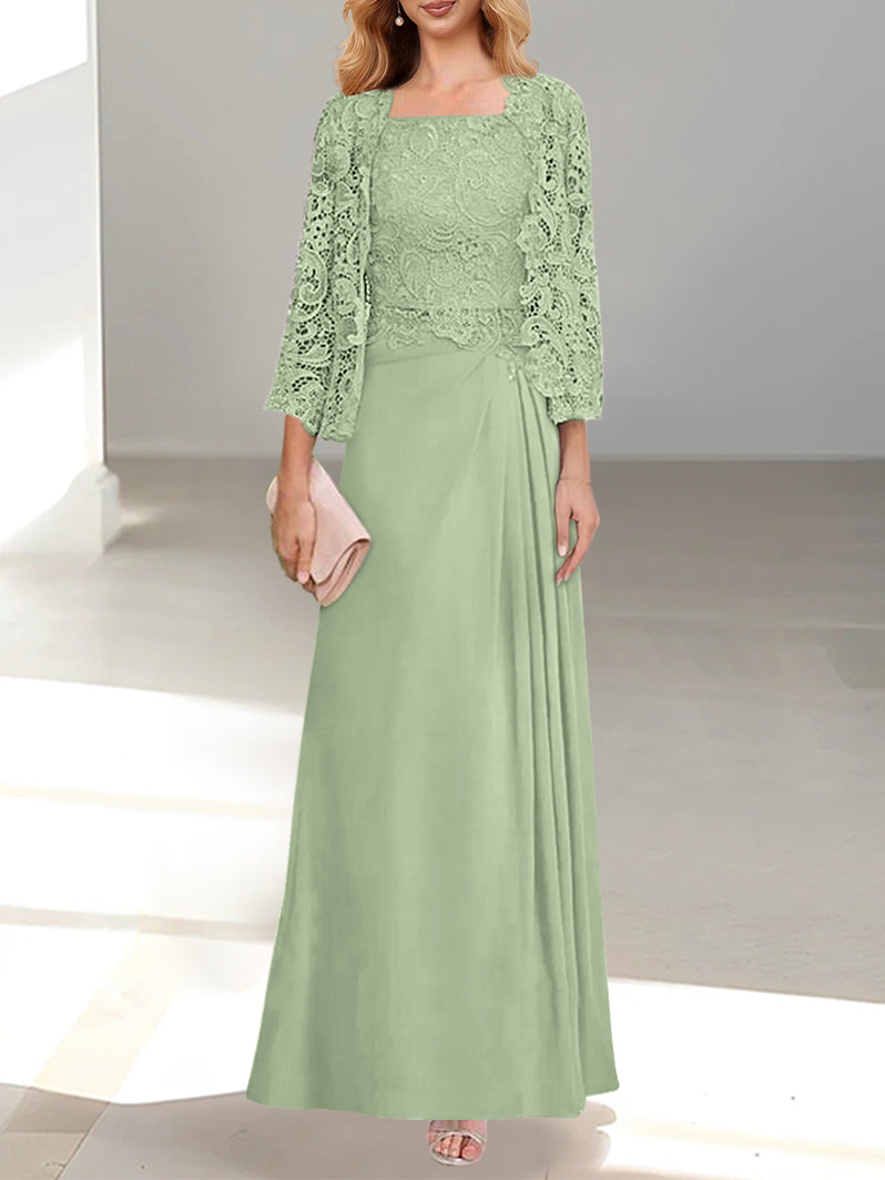 A-Line/Princess Scoop Mother of the Bride Dresses with Pleated & Lace Appliques Floor-Length