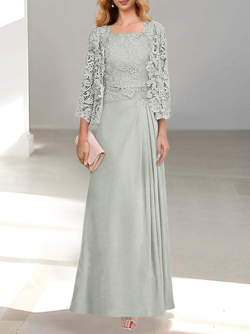 A-Line/Princess Scoop Mother of the Bride Dresses with Pleated & Lace Appliques Floor-Length