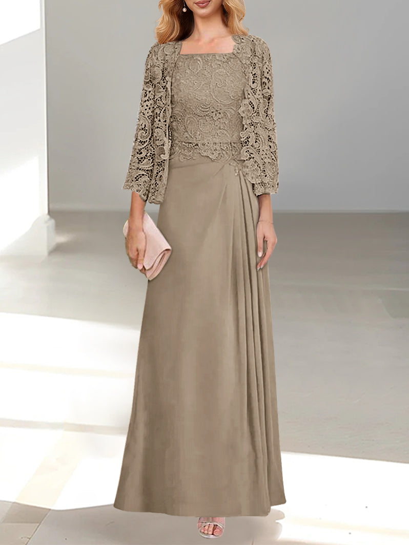 A-Line/Princess Scoop Mother of the Bride Dresses with Pleated & Lace Appliques Floor-Length