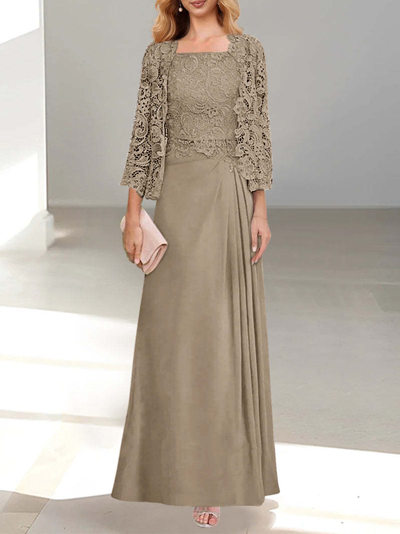 A-Line/Princess Scoop Mother of the Bride Dresses with Pleated & Lace Appliques Floor-Length