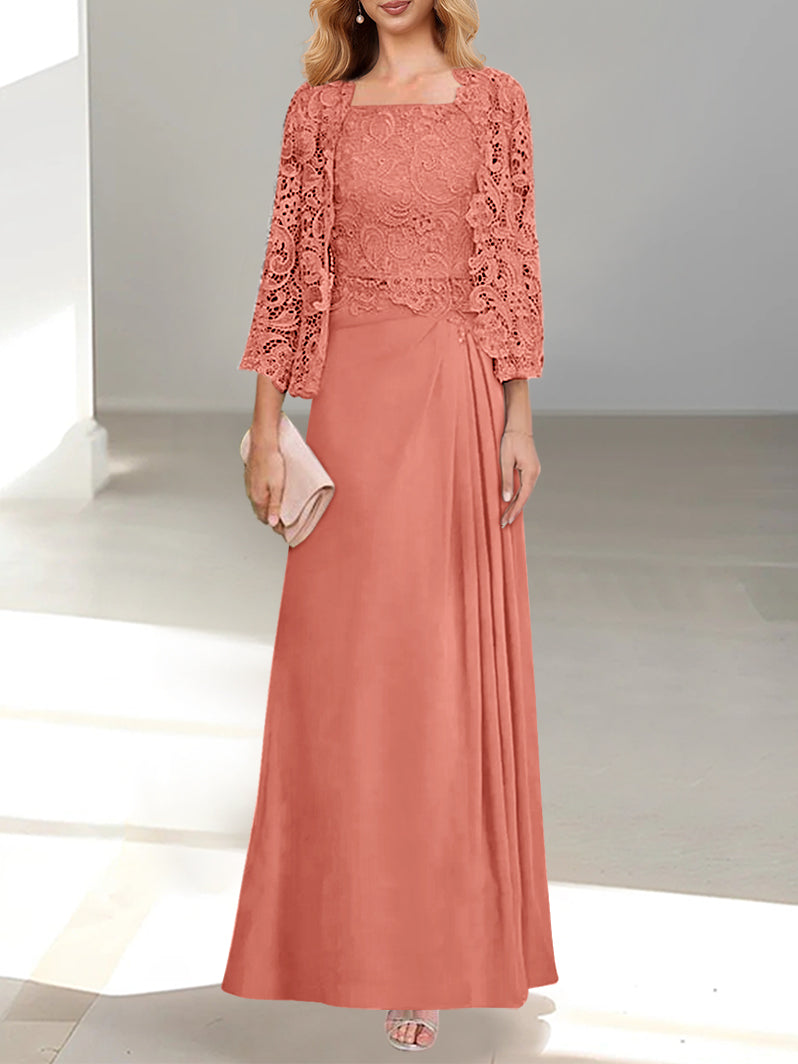 A-Line/Princess Scoop Mother of the Bride Dresses with Pleated & Lace Appliques Floor-Length
