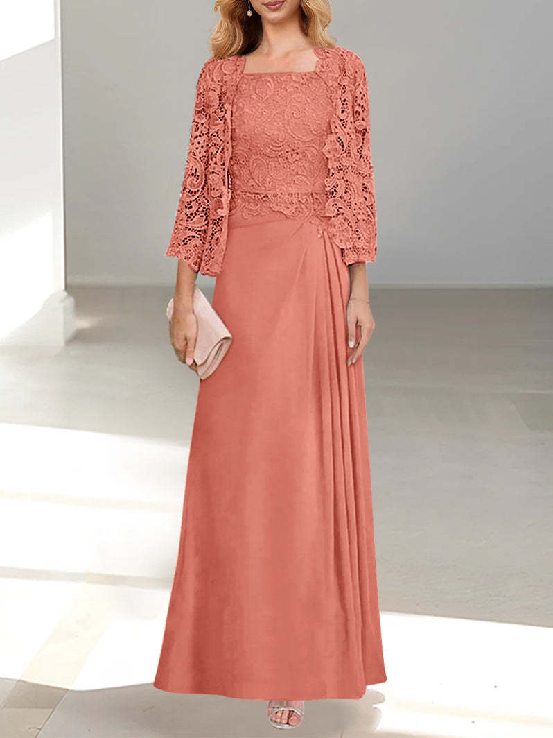 A-Line/Princess Scoop Mother of the Bride Dresses with Pleated & Lace Appliques Floor-Length