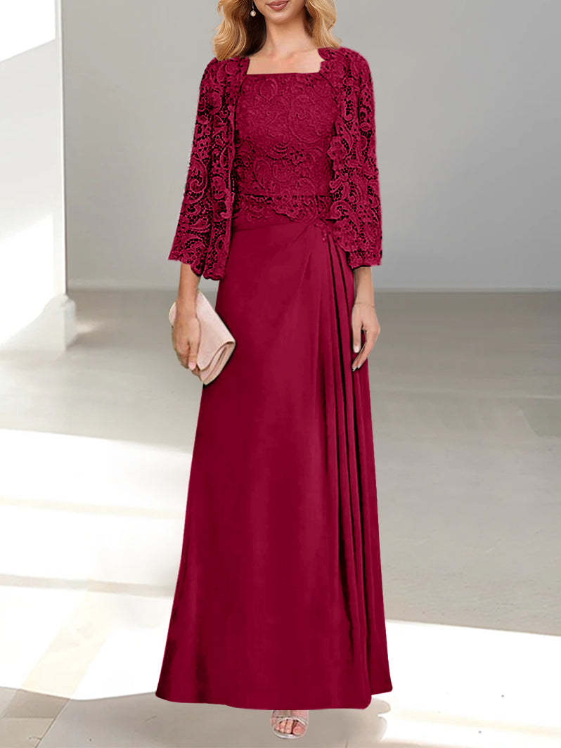 A-Line/Princess Scoop Mother of the Bride Dresses with Pleated & Lace Appliques Floor-Length