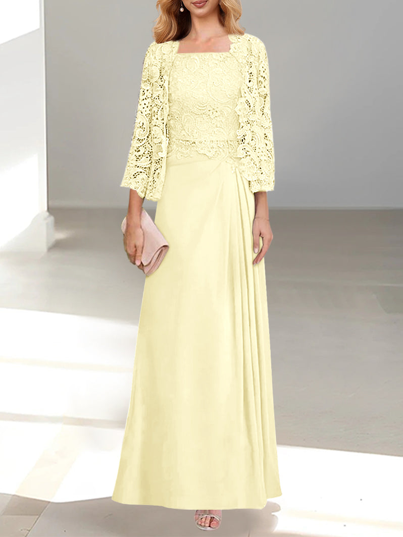 A-Line/Princess Scoop Mother of the Bride Dresses with Pleated & Lace Appliques Floor-Length