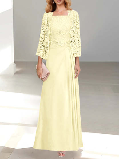 A-Line/Princess Scoop Mother of the Bride Dresses with Pleated & Lace Appliques Floor-Length